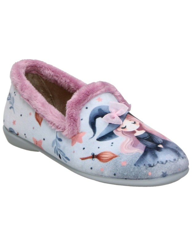 Zapatillas de Casa Cerradas VULCA-BICHA para Niña en Color Azul con Dibujo de Bruja y Borreguito 2241